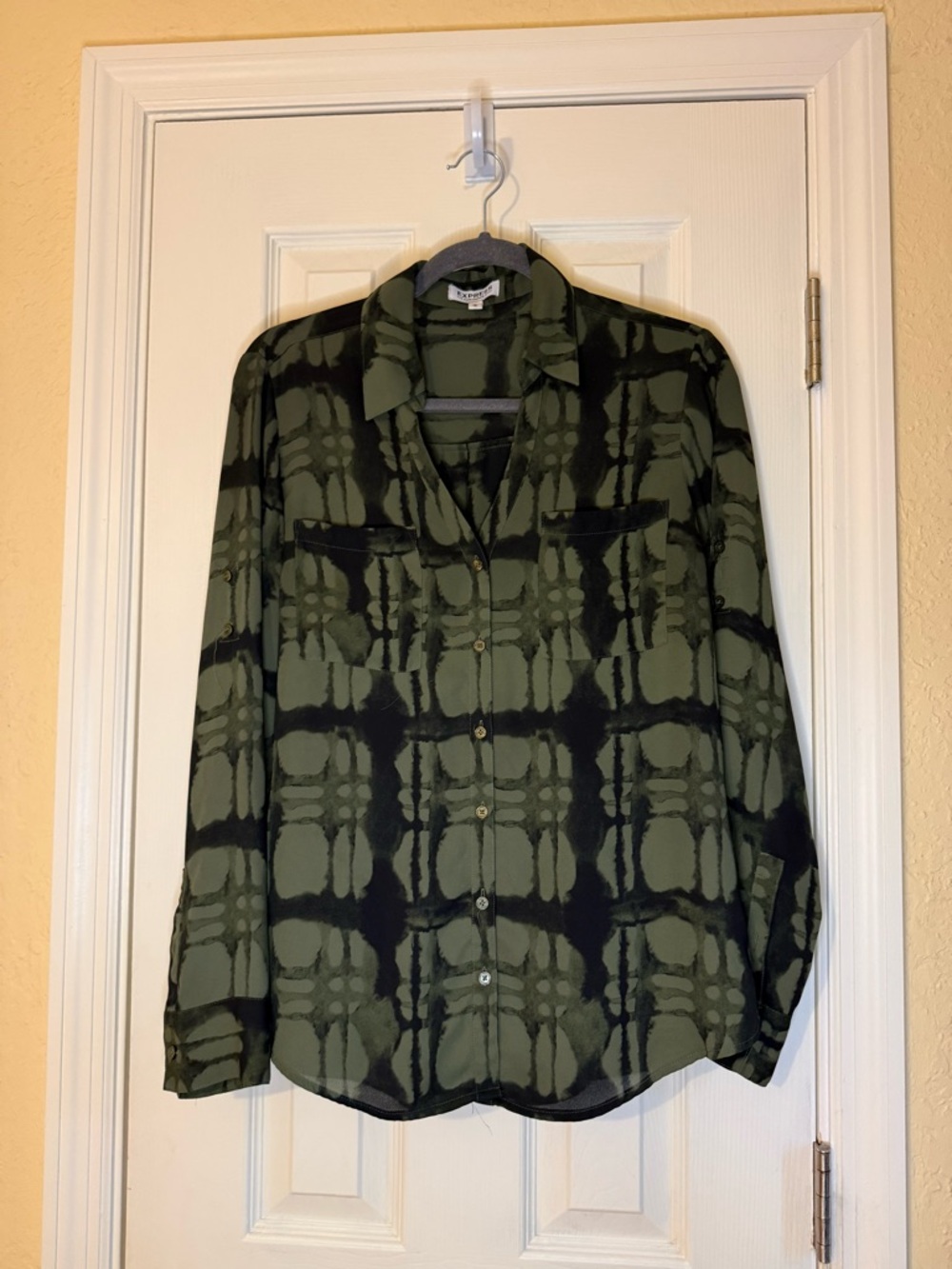 Express Olive Green and Black Tie-Dye Button-Up Blouse